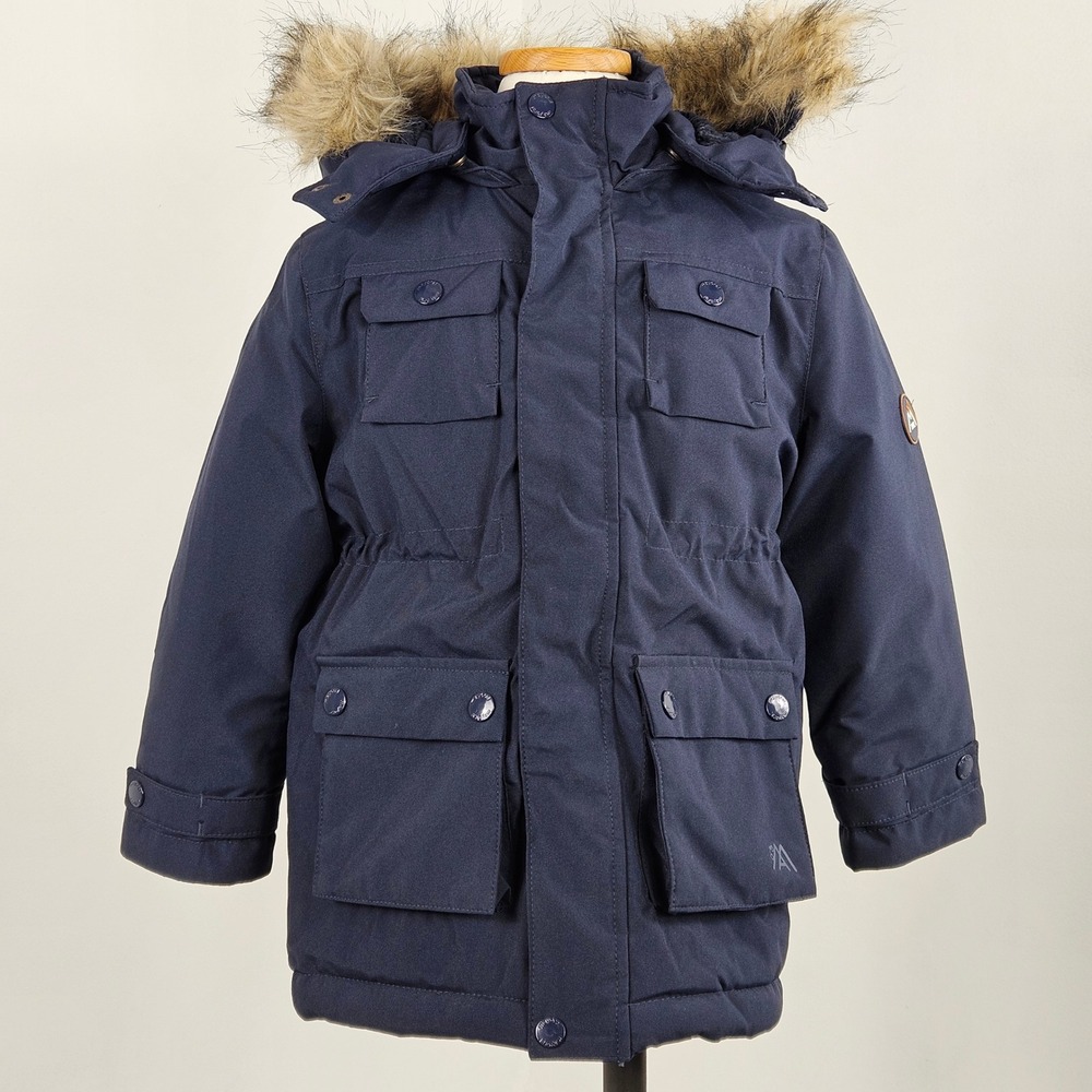 Mayoral Parka Jacket Kids Size 4 Navy Blue Faux Fur Hood Fleece Lined